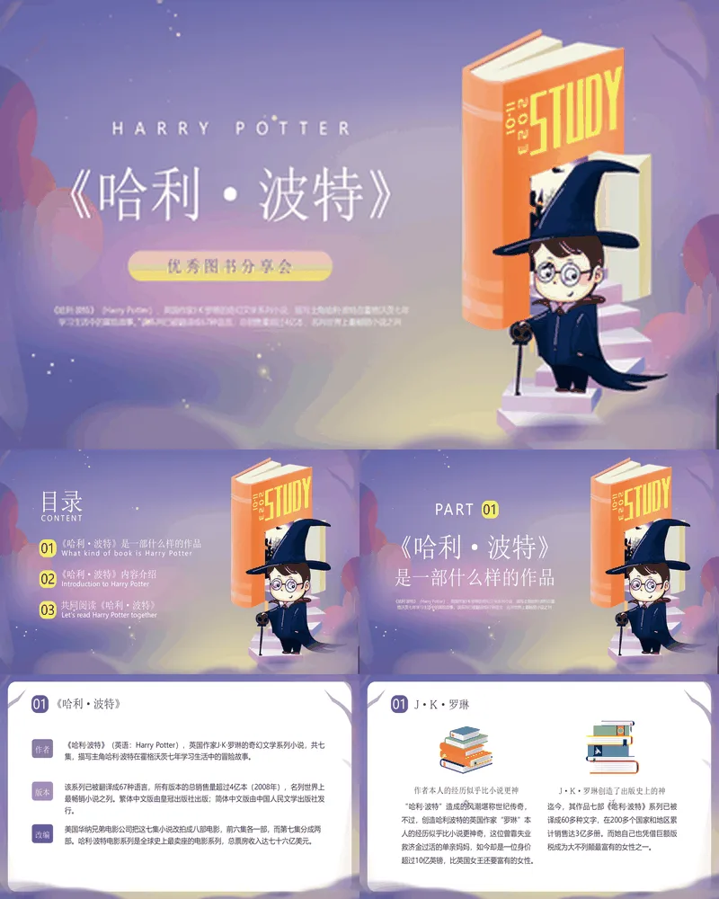 紫色卡通魔法师背景的《哈利波特》优秀图书分享会