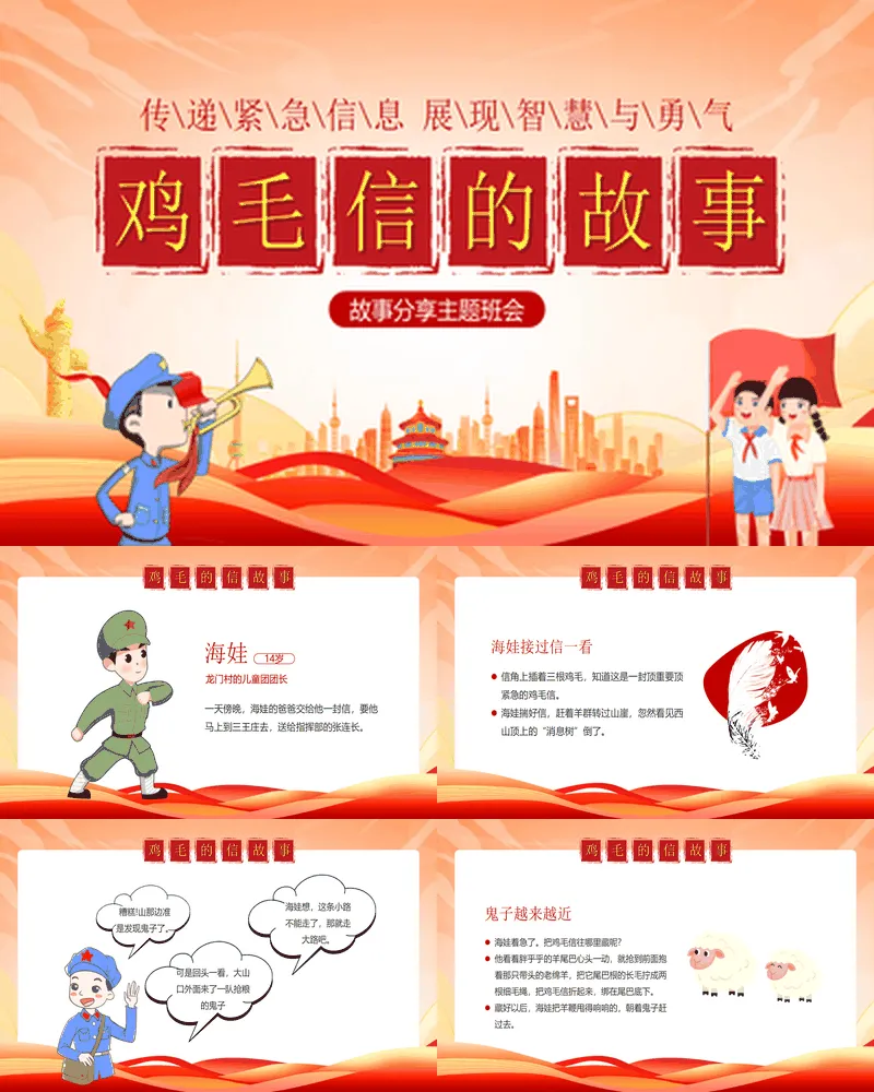 红色城市剪影背景的鸡毛信的故事读书分享