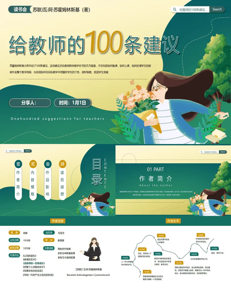 绿色卡通风格的《给教师的100条建议》读书分享